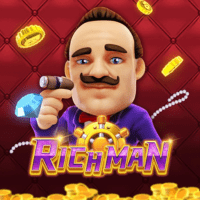 "RICH MAN gameplay - Golden train scene with treasure symbols at massive win effects"