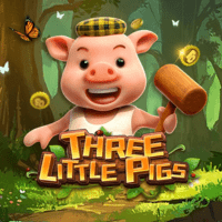 "THREE LITTLE PIGS gameplay - Fairy tale scene with pig symbols at wolf encounters"