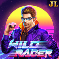 "WILD RACER gameplay - Neon city night scene with racing car Wilds at multiplier effects"